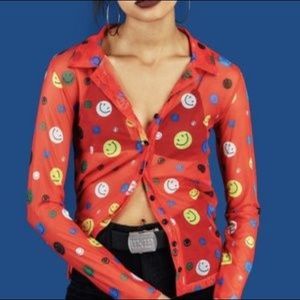 Unif smiley face mesh button up shirt